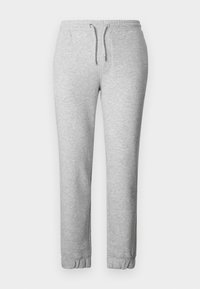 Gray sweatpants made of soft fabric, featuring an elastic waistband with a drawstring, elastic cuffs, and a smooth texture.