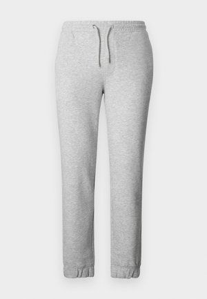 Szürke melegítőnadrág, puha anyagból, rugalmas derékkal és zsinórral, rugalmas cipzárakkal és sima felülettel.