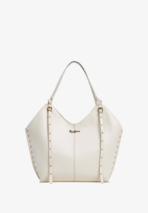 Witte leren shopper met gouden accenten, voorzien van gestikte details langs de zijkanten en een opvallend hoekig design.