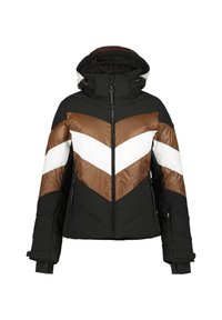 Geplüschte Jacke mit Kapuze, die ein Chevron-Muster in Schwarz, Braun und Weiß aufweist. Mit Reißverschluss vorne, Seitentaschen und strukturiertem Stoff.