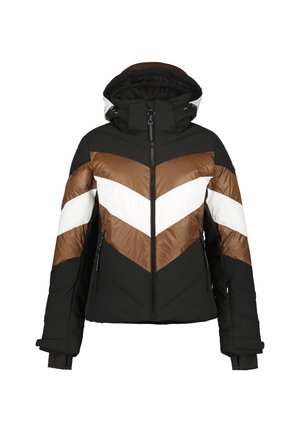 Geplüschte Jacke mit Kapuze, die ein Chevron-Muster in Schwarz, Braun und Weiß aufweist. Mit Reißverschluss vorne, Seitentaschen und strukturiertem Stoff.