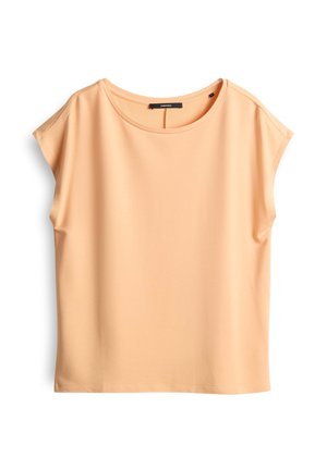 Pfirsichfarbener Kurzarm-Oberteil mit rundem Ausschnitt und lockerer Passform. Hergestellt aus einem glatten, leichten Stoff mit einem einfachen, klaren Design.