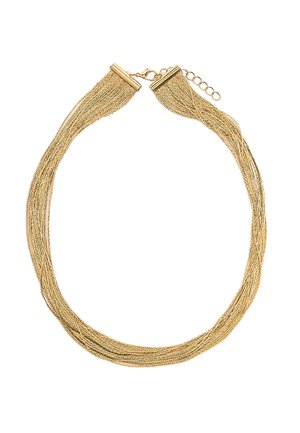 Naszyjnik z wieloma splotami złotego łańcuszka z zapięciem typu karabińczyk i regulowanym przedłużeniem.