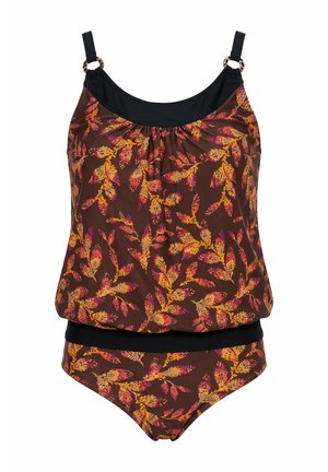 Bruine tankini badpak met verstelbare zwarte bandjes en een los topje, versierd met oranje en roze bladerenpatroon. Bijpassend broekje zichtbaar.