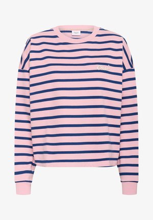 Ružičasti dukserica dugih rukava sa tamnoplavim horizontalnim prugama i malim "Oui" logom u bijeloj boji na prsima. Materijal od pamuka.