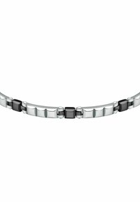 Bracciale in acciaio inossidabile con maglie alternate in argento lucido e nero opaco, arricchito da dettagli quadrati e rettangolari per un contrasto di texture.