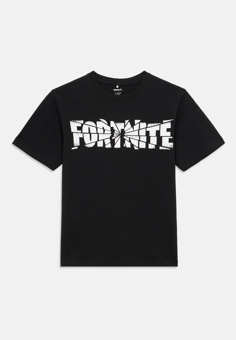 Μαύρο βαμβακερό T-shirt με έντονο λευκό λογότυπο "FORNITE" με εφέ φθοράς, στρογγυλή λαιμόκοψη και κοντά μανίκια.