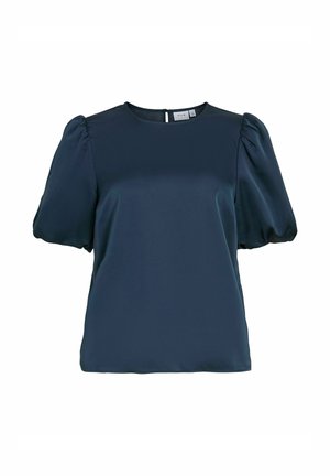 Marineblaues kurzärmliges Blusenshirt mit glatter, glänzender Textur, rundem Ausschnitt und puffigen Ärmeln. Verfügt über einen Schlüssellochverschluss auf der Rückseite.