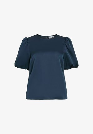 Marineblå kortermet bluse med en jevn, blank tekstur, rund utringning og puffermer. Har en nøkkelhulls-åpning bak.