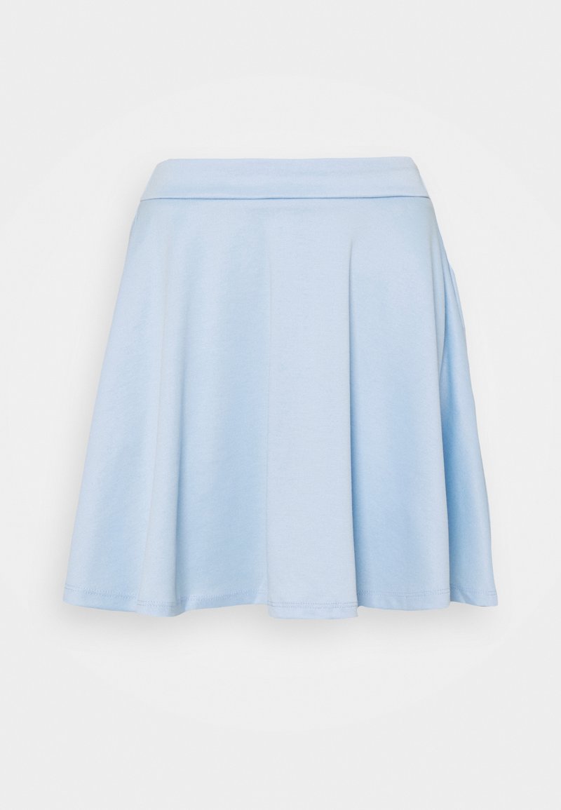 Jupe trapèze bleu clair longueur genou avec une large ceinture et un tissu lisse, présentée sur un fond blanc uni.