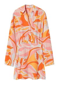 Long-sleeve dress made of lightweight fabric, featuring a colorful floral pattern in shades of orange, pink, and white with a button-down front.
