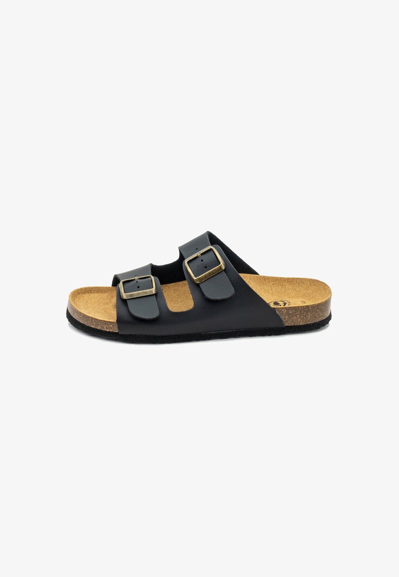 Sandal cu călcâie negru, având două curele ajustabile cu catarame aurii, talpă din plută și talpă din cauciuc. Textură netedă asemănătoare cu pielea.