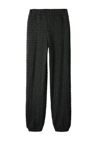 Pantalon large noir texturé avec une taille élastique. Présente un motif subtil avec une finition douce et froissée.