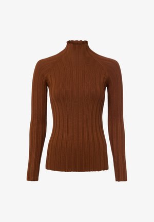 Braunes, geripptes Langarm-Top mit Rollkragen und Rüschensaum. Eng anliegendes Design betont die Textur, zeigt vertikale Linien und nahtlose Verarbeitung.