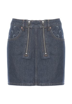 Minigonna in denim blu scuro con due zip verticali frontali e tasche laterali con motivo a forma di mezzaluna.