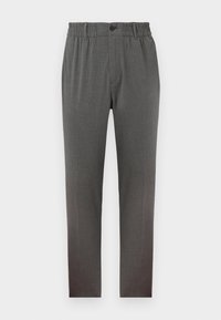 Grå bukser med en skreddersydd design, som har strikk i midjen, knappelukking og rette ben; laget av mykt, teksturert stoff.