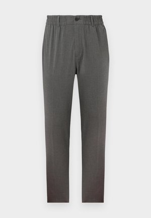 Pilkos kelnės su pritaikytu dizainu, turinčios elastinę juosmeninę dalį, mygtuką užsegimui ir tiesias kojas; pagamintos iš minkštos, tekstūruotos medžiagos.