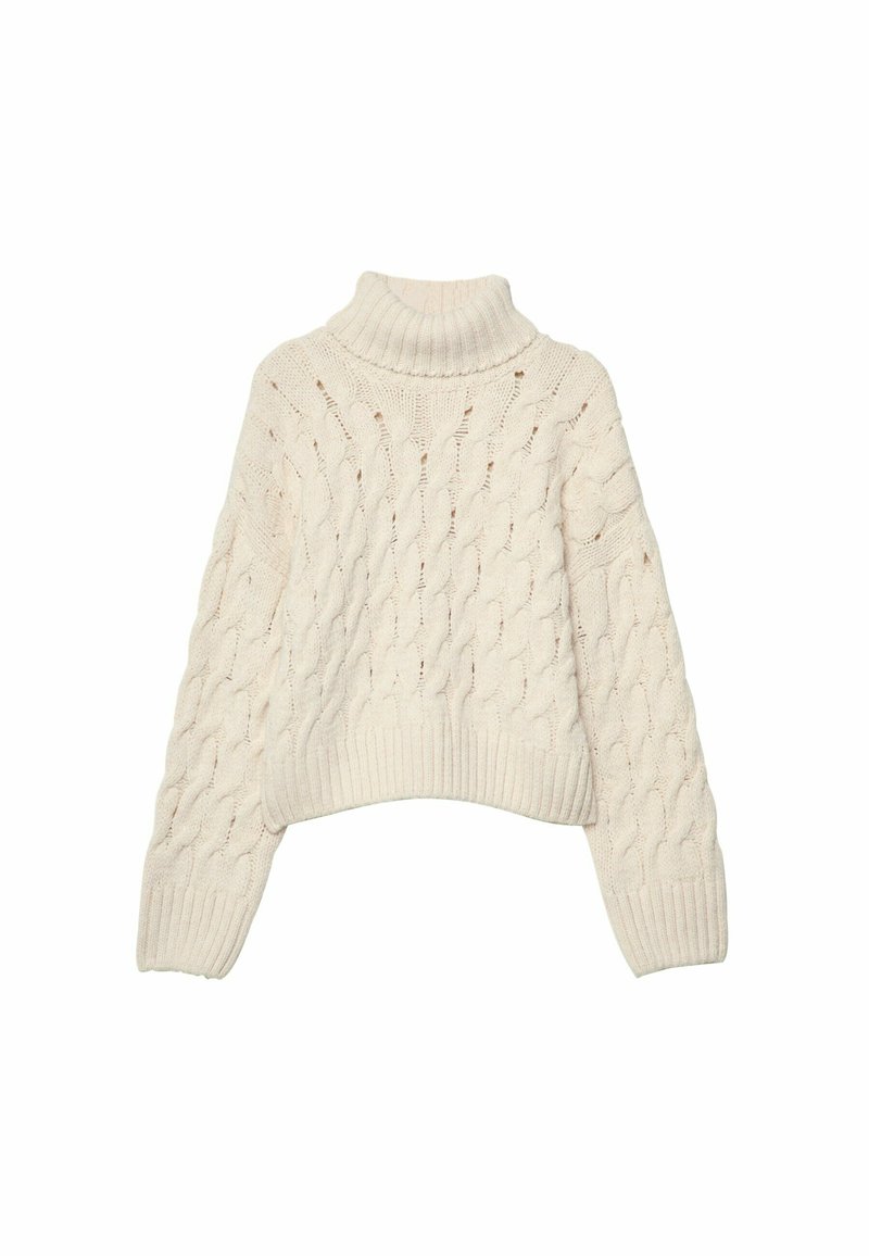Sweter z grubym splotem w kolorze off-white z wysokim kołnierzem, ściągaczami przy mankietach i u dołu. Charakteryzuje się teksturowanym, ciepłym wzorem dzianiny. Krótki fason.