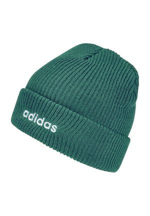 Berretto verde lavorato a maglia con risvolto e logo Adidas bianco ricamato sulla parte anteriore.