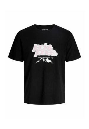 Sort bomulds t-shirt med et stort hvidt og rosa grafik, der viser teksten "Jack & Jones" og et bjergsilhuet-design. Rund hals, korte ærmer.