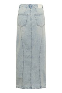 Jeanskjørt i lyseblått, med lang silhuett, to baklommer og vertikal sømdetaljering. Jevn tekstur, litt falmet finish.