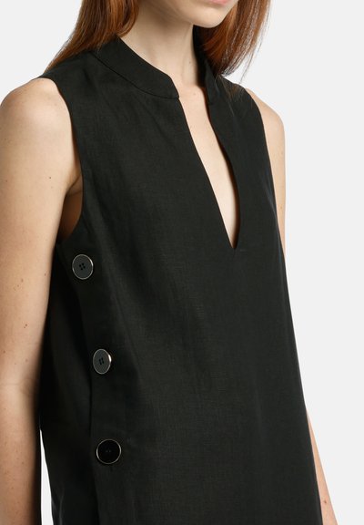 Black linen sleeveless top with a deep V-neck, featuring three metallic buttons along the left side and a clean, minimalist design.