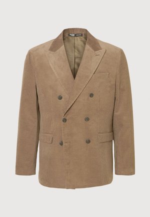 Brown corduroy double-breasted blazer with notched lapels, two front pockets, and six buttons, featuring vertical ribbed texture.