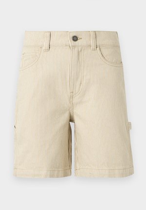 Beige and white striped knee-length shorts with front pockets, belt loops, and a button closure.