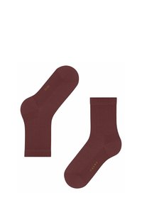 Chaussettes bordeaux avec un motif en chevron, dotées de bords côtelés et d'un logo doré. Le design est de longueur mi-mollet avec une texture lisse.