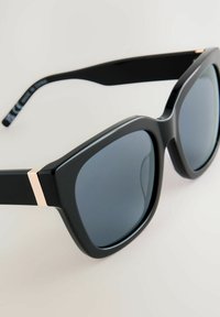 Lunettes de soleil noires surdimensionnées avec des verres carrés, finition brillante et un accent doré aux branches ; verres gris foncé offrant une protection UV.