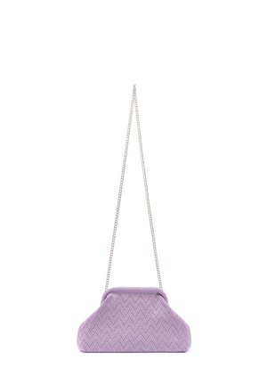 Lilac fabric shoulder bag with zigzag perforated pattern and a thin silver chain strap against a white background.