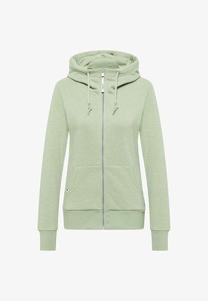 Light green zip-up hoodie with a large hood, adjustable drawstrings, front pockets, and ribbed cuffs. Made of soft cotton blend material.