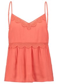 Korallfärgad ärmlös topp med justerbara band, spetsdetaljer längs halsringningen och fållen, samt ett flödande, lätt material.