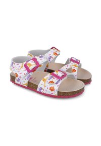 Sandalias ajustables y coloridas con un patrón floral sobre fondo blanco, plantilla de corcho y suela de goma rosa con agarre texturizado.