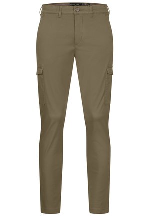 Pantalons cargo kaki en tissu lisse, avec une coupe ajustée, des poches cargo sur les côtés et une fermeture à bouton à la taille.