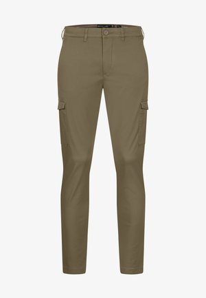 Pantaloni cargo color khaki realizzati in tessuto liscio, caratterizzati da un design aderente, tasche laterali cargo e chiusura con bottone in vita.