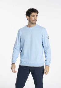 Sweatshirt bleu clair à manches longues, avec des poignets et un ourlet côtelés, et une petite logo cousue sur la manche gauche. Texture lisse, coupe décontractée.