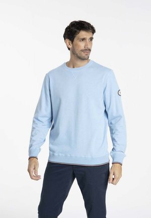 Sweatshirt bleu clair à manches longues, avec des poignets et un ourlet côtelés, et une petite logo cousue sur la manche gauche. Texture lisse, coupe décontractée.