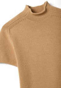 Brown knitted sweater featuring a high collar and short sleeves, with a textured finish and visible stitching details.