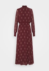 Robe bordeaux à manches longues avec un col montant froncé, taille ajustée, jupe ample et motif floral léger sur toute la robe.