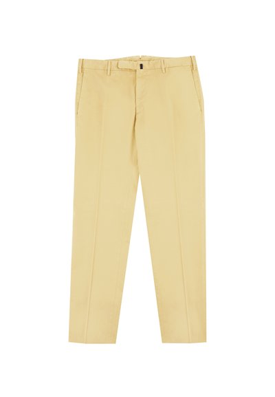 Jasnożółte spodnie wykonane z gładkiego materiału, charakteryzujące się prostym krojem nogawek, szlufkami na pasek i bocznymi kieszeniami. Proste, czyste linie.