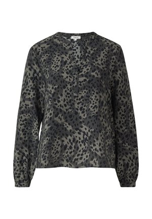 Blouse à manches longues en gris foncé avec imprimé animalier noir. Présente un col cranté et des poignets élastiqués, confectionnée dans un tissu léger.