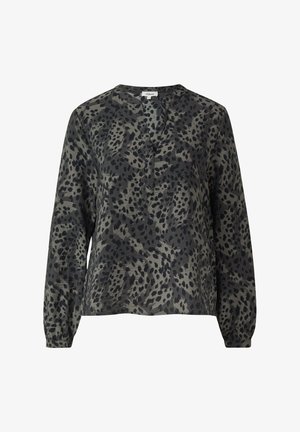 Bluzka z długim rękawem w ciemnoszarym kolorze z czarnym wzorem zwierzęcym. Posiada dekolt wcięty i elastyczne mankiety, wykonana z lekkiego materiału.