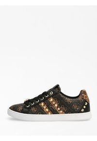 Zwarte en bruine sneakers met een reliëfpatroon, gouden studs, synthetisch materiaal, een witte zool en een textured achterkantaccent.