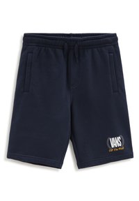 Granatowe szorty wykonane z mieszanki bawełny, z elastycznym pasem, sznurkiem i kieszeniami z przodu. Wyświetlone logo "VANS Off The Wall".