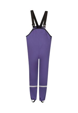 Purple waterproof bib pants with black adjustable shoulder straps and reflective strips above elastic ankle cuffs.