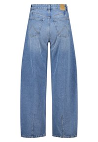 Wijduitlopende blauwe denim jeans met een vervaagde afwerking, vijf zakken en een patch op de tailleband. Heeft subtiele stikseldetails.