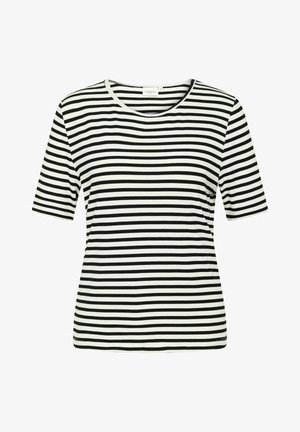Schwarz-weißer gestreifter Kurzarm-T-Shirt mit rundem Halsausschnitt, aus geripptem Stoff gefertigt. Verfügt über horizontale Streifen mit gleichmäßiger Breite.