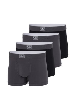 Cztery pary czarnych i ciemnoszarych męskich bokserek, ułożonych w stos, każda z szarą gumką w pasie z białym logo Adidas.