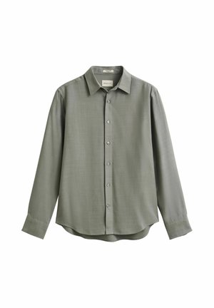 Chemise à manches longues pour hommes, boutonnée, de couleur verte atténuée, avec col pointu et ourlet arrondi, présentée à plat sur fond blanc.